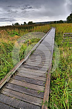 Wooden footbridge in the rain