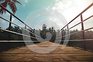 Wooden footbridge on river. Beautiful landscape in south India Udupi