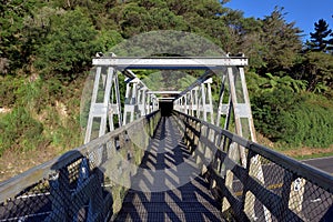 A wooden footbridge spanning an asphalt road