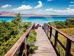 Wooden footbridge to the oasis-like beach - Spiaggia della Pelosa. Perfect summer view of Sardinia island, Italy, Europe. Amazing photo