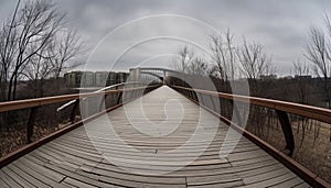 The wooden footbridge vanishes into the autumn forest landscape generated by AI