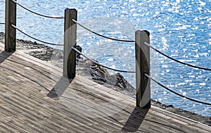 Wooden footpath along the coast with a fence with a rope. Sea summer landscape