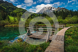 Wooden footpath near lake Zelenci, Kranjska Gora, Slovenia