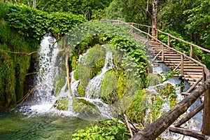 Wooden footpath in the Plitvice lakes. Croatia