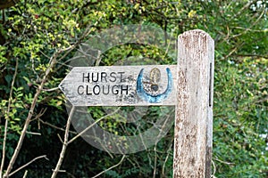 Wooden Footpath Sign for Hurst Clough (Woodland Walk)