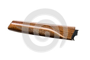 Wooden forearm of hunting rifle with vertical arrangement of smooth trunks. isolated on white background