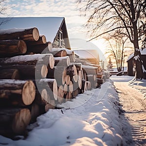 Log pine nature winter forest wooden stack snow wood woodpile trees background pile firewood