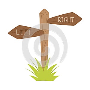 A wooden forest signboard, signposts, guideposts with a pointer - left and right. Shows the direction. The path pointer. Flat photo