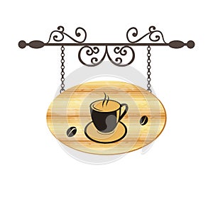 Wooden forging sign with coffee cup