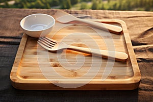 Wooden fork and spoon on chopping board, rustic kitchen scene