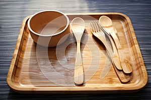 Wooden fork and spoon on chopping board, rustic kitchen scene