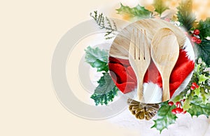 Wooden Fork and Spoon on Christmas Decoration with Copyspace