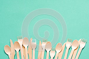 Wooden forks, spoons and knives. Disposable eco dishes