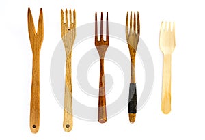 Wooden forks on white background