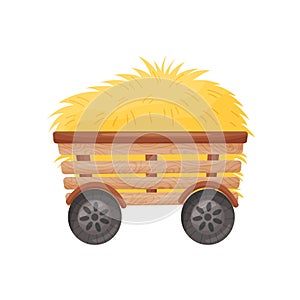 Wooden four-wheel cart with hay. Vector illustration