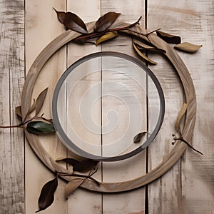 Wooden frame with autumnal leaves on rustic wooden background.