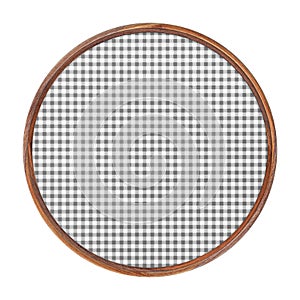 Wooden frame. Blank vintage square frame with gray checkered paper isolated on white background. Round frame. Blank frame.