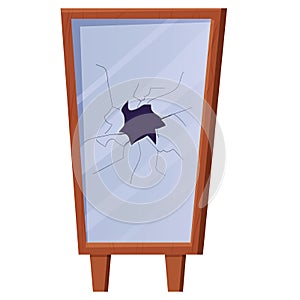 Wooden frame with broken mirror in cartoon style isolated on white background. Bad luck, accident, cracked looking glass