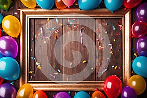 Wooden frame among colorful carnival or party balloons, streamers and confetti on rustic grunge wood planks with copy space.