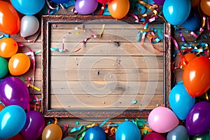 Wooden frame among colorful carnival or party balloons, streamers and confetti on rustic grunge wood planks with copy space.