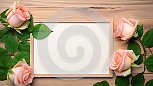 Wooden frame for congratulations with space for your text surrounded by flowers roses top view