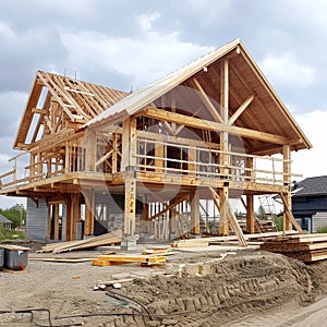 Wooden frame construction with truss, post, and beams for new house manufacturing process