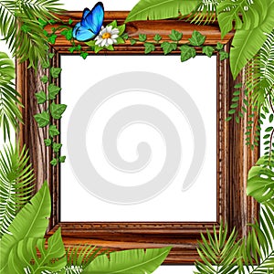 Wooden frame with daisy and butterfly with PNG