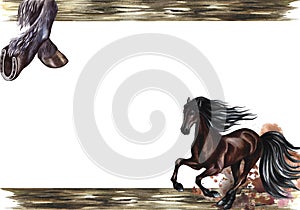 Wooden frame with galloping horse and hooves. Hand drawn watercolor. Photo frame design. Background for presentations