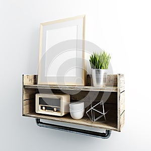 Wooden frame hang on industrial style shelve photo