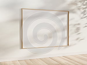 Wooden frame hanging in bright interior mockup. Template of a picture framed on a wall 3D rendering