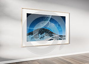 Wooden frame hanging on a wall mockup 3d rendering