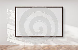 Wooden frame hanging on a wall mockup 3d rendering