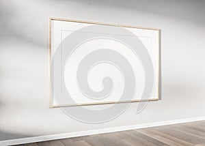 Wooden frame hanging on a wall mockup 3d rendering