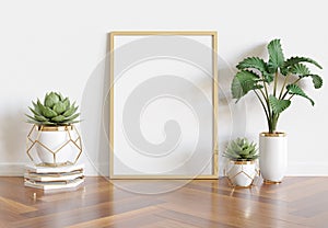 Wooden frame leaning in bright white interior with plants and decorations mockup 3D rendering