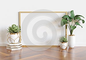 Wooden frame leaning in bright white interior with plants and decorations mockup 3D rendering