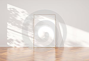 Wooden frame leaning in bright white interior with wooden floor mockup 3D rendering