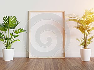 Wooden frame leaning on floor in interior mockup. Template of a picture framed on a wall 3D rendering