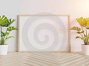 Wooden frame leaning on floor in interior mockup. Template of a picture framed on a wall 3D rendering