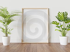 Wooden frame leaning on floor in interior mockup. Template of a picture framed on a wall 3D rendering