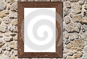 Wooden frame leaning on stone background in interior mockup template of white picture framed on a wall