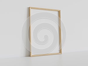 Wooden frame leaning on white floor in interior mockup. Template of a picture framed on a wall 3D rendering