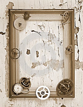 Wooden frame and mechanical clock gears