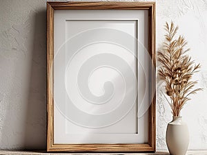 Wooden frame mockup with a dried plant in a vase on the side