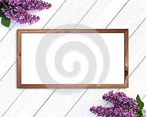 Wooden frame mockup on a painted white background. 1x2 Horizontal Landscape