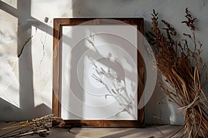 Wooden frame mockup in vertical room interior setting for photos. Concept Mockup Presentation,