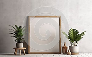 Wooden frame mockup watm tone grey wall with flowers in vase, blank vertical frame with copy space.