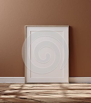 Wooden frame with poster mockup standing on floor