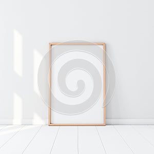 Wooden Frame with Poster Mockup standing on the white floor