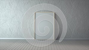 Wooden Frame with Poster Mockup standing on the white floor. 3d rendering