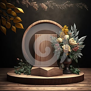 Wooden frame with spring flowers and tulips on old wooden background podium for product presentatio